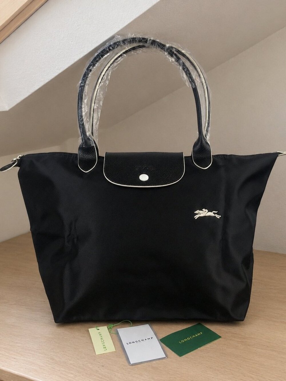 Longchamp Black Le Pliage Tote with Silver Logo